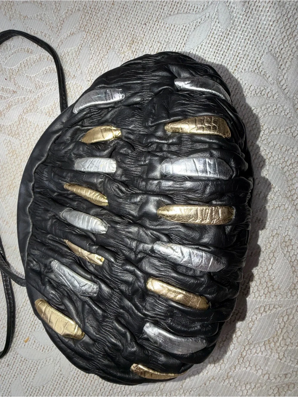 Black Gathered Leather Shoulder Bag with Gold & Silver Accents